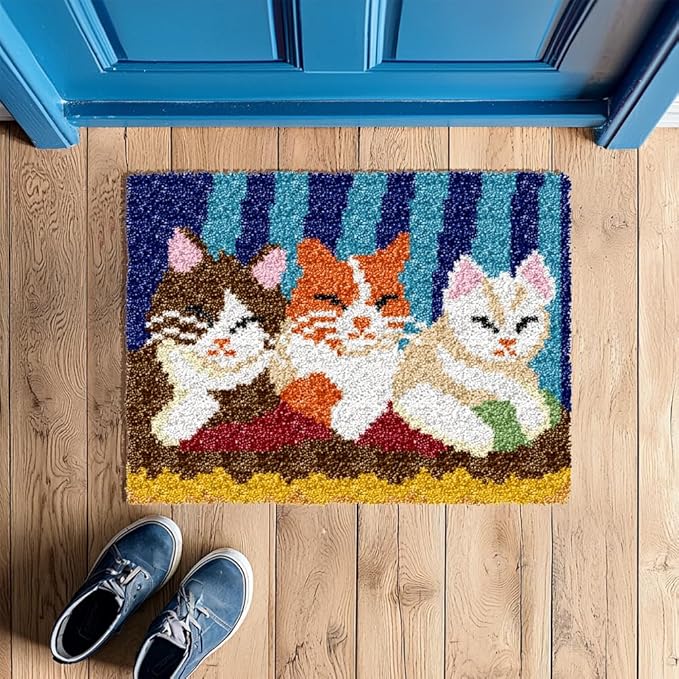 ORIGACH Cat Latch Hook Rug Kit for Adults DIY Needlework Cover Printed Rug Making Kit Handmade Carpet Tapestry Cushion with Hook Latch and Preprinted Canvas, Home Arts Crafts Sofa Decor, 20.5x15inch