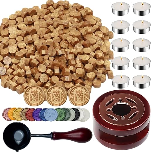 Wax Seal Kit with Warmer, ONWINPOR 400pcs Gold Sealing Wax Beads, Non-Slip Spoon, Candles for Envelopes, Stamp Letter Seal,Wedding Invitations (Gold)