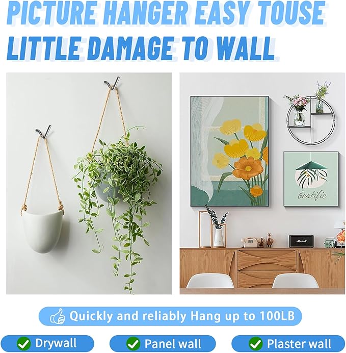 30pcs Black Super Hook Picture Hangers and Office Pack, Drywall Hooks for Hanging Pictures, Wall Hooks, Picture Hangers, Picture Hanging Kit，Hang Art, Clock, Shelves, Mirrors