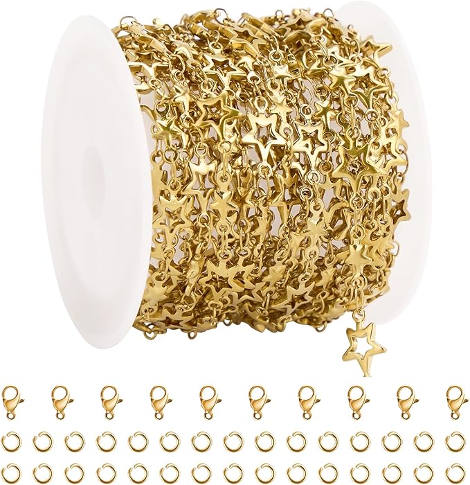 GTVOODX Gold PVD Stainless Steel Chains for Jewelry Making, 13 Feet Star Link Chain Bulk for Jewelry Making Necklace DIY Craft