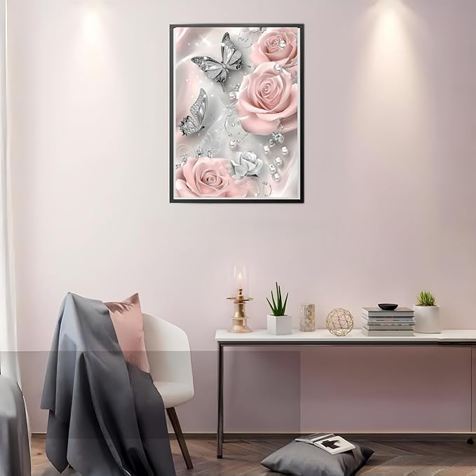 BYGFHLYW 5D Diamond Painting Kits for Adults, Butterfly Rose Flower Diamond Art Kits for Adults Beginner, DIY Full Drill Diamond Dot Gem Painting for Home Wall Decor 12x16inch