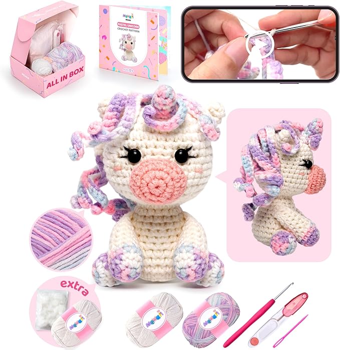 Mewaii Crochet Kit for Beginners Level 2 with 40% Extra Eco-Friendly Pre-Started Easy Yarn, Step-by-Step Video Tutorials for Adults and Kids (Pastel Unicorn)