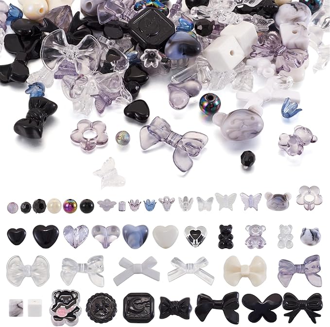 FASHEWELRY 1 Bag Cute Acrylic Beads Bulk Assorted Black Acrylic Beads Kawaii Aesthetic Bead Heart Bow Bear Bead Gothic Clear Pony Beading for Bracelets Necklace Making