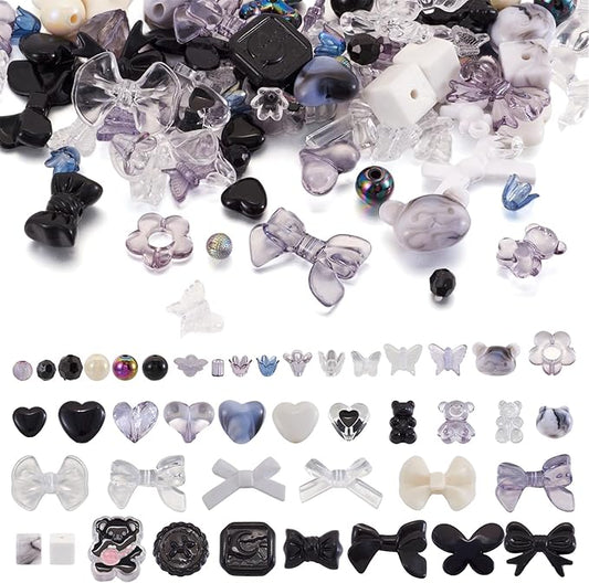 FASHEWELRY 1 Bag Cute Acrylic Beads Bulk Assorted Black Acrylic Beads Kawaii Aesthetic Bead Heart Bow Bear Bead Gothic Clear Pony Beading for Bracelets Necklace Making