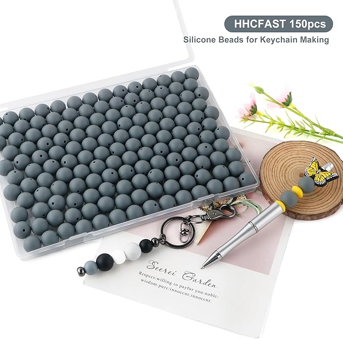 150Pcs 15mm Silicone Beads for Keychain Making Bracelet Necklace, Bulk Round Silicone Beads for Pens（Dim Gray）