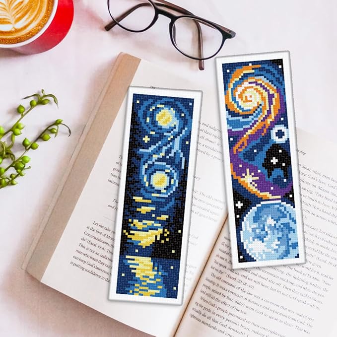 ORIGACH 6 Set Universe Starry Night Cross Stitch Bookmark Kit for Beginner with Backing Felt Floss Instructions DIY Stamped Embroidery Bookmark Kit for Adults, Book Lovers