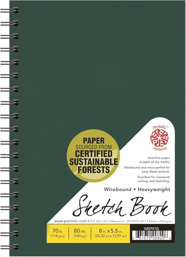 Pentalic - 5.5"x 8" Double Wirebound Hardcover Sketchbook, 80 Sheets, Green