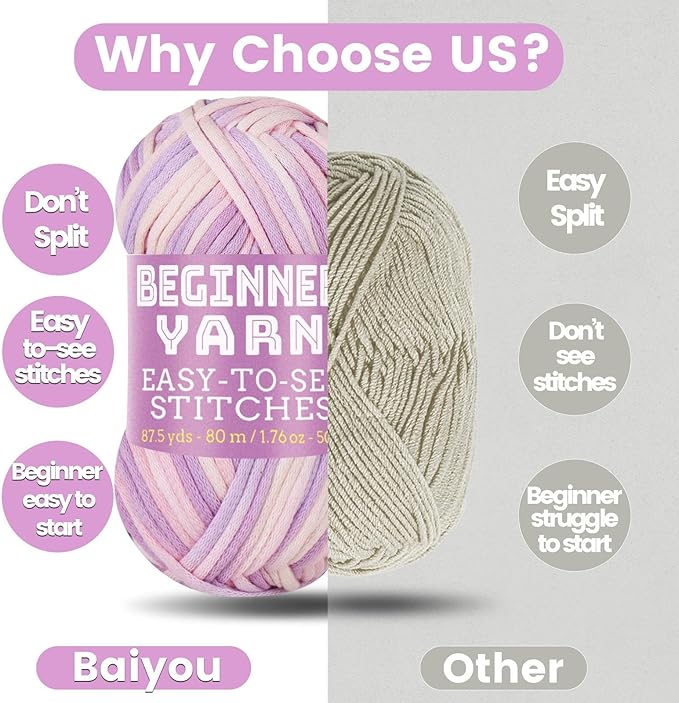 Baiyou 3x50g Beginners Pink Purple Yarn, 260 Yards Pink Purple Yarn for Crocheting Knitting, Easy-to-See Stitches, Worsted Medium #4, Chunky Thick Cotton Nylon Blend Yarn Yarn for Crocheting