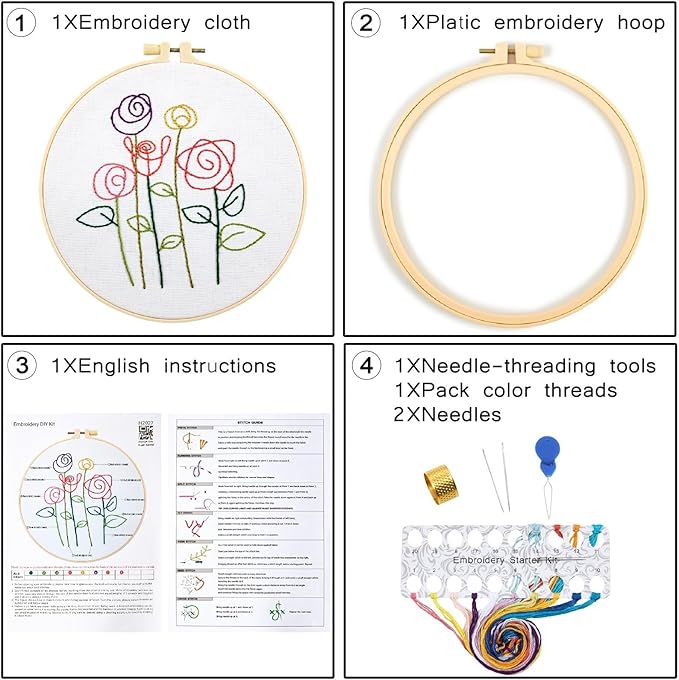 Easy Flower Embroidery Kits for Beginners Adults, Minimalism Embroidery Starter Kits, Counted Cross Stitch Kits for Beginners Adults Hobbies Set for Women, Embroidery Hoops, Thread and Video Tutorial