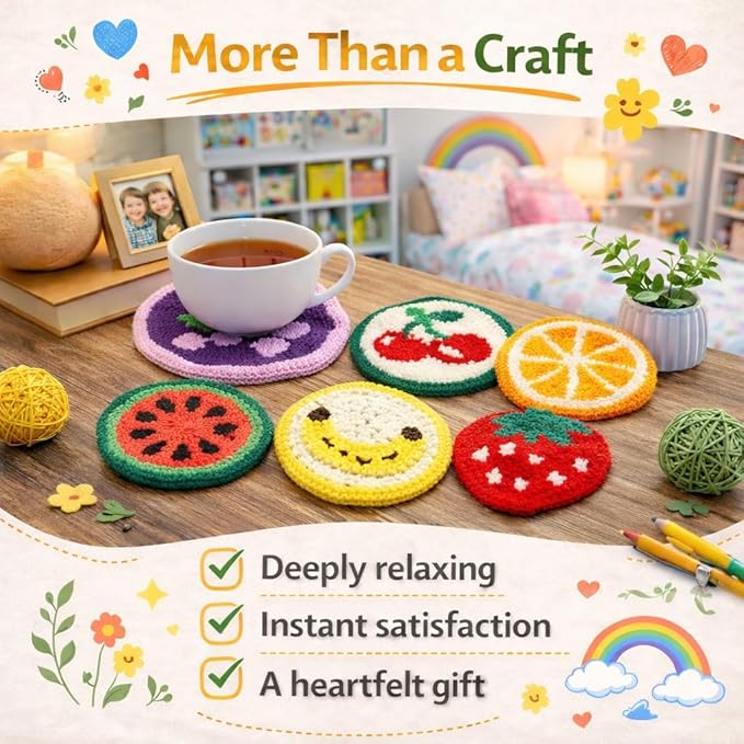 Punch Needle Coaster Kit for Adults Beginners, Easy Punch Embroidery Starter Set with Instructions – Fun Mug Rug Making Kit for Table Decor & Festival DIY Gifts (6pcs Cute Fruits)