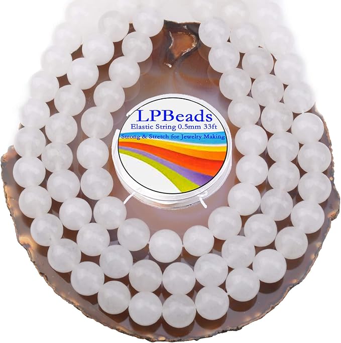 LPBeads 80Pcs Polished 10mm Round Natural White Jade Gemstone Loose Beads with Stretch Cord for Jewelry Making Bracelets