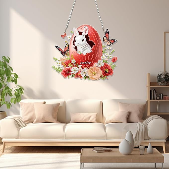 Miwixy Easter Hanging Diamond Art Kits for Adults,Rabbit Special Shaped Crystal Christmas Diamond Painting Ornament Kit DIY Double-Sided Pattern Window Pendant Gem Art Kit for Home Wall Decor