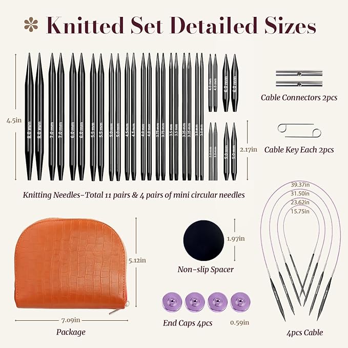 Yarniss 15 Pairs Circular Knitting Needle Combo, 4.5-Inch Round Knitting Needle 3.0~8.0mm, 2.16-Inch Shorties Needles US Size 2.5-10, Interchangeable Aluminum Cable Needles with Case