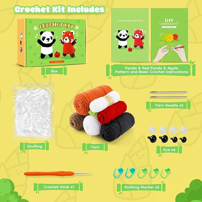 Crochet Kit for Beginners - 2PCS White and Red Panda Crochet Animal Kit with Step-by-Step Video Tutorials, Apple Crocheting Kit, Crochet Starter Kit for Adults, Beginners Knitting Kit for Birthday