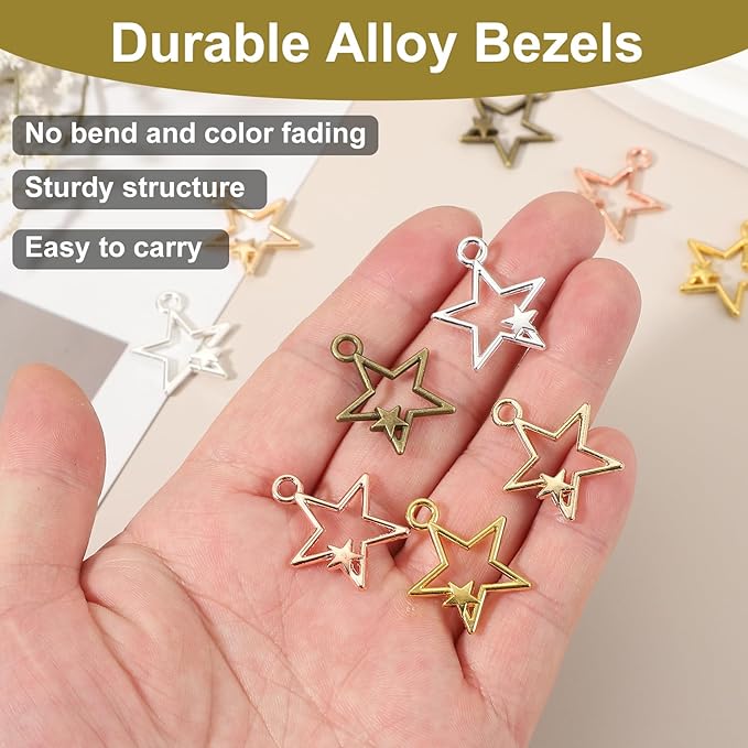 uxcell 100Pcs Alloy Open Bezel Pendants, Star Open Back Hollow Frame Pendant Geometric for Resin Jewelry Making Earrings Necklace Bracelet DIY, Ancient Bronze