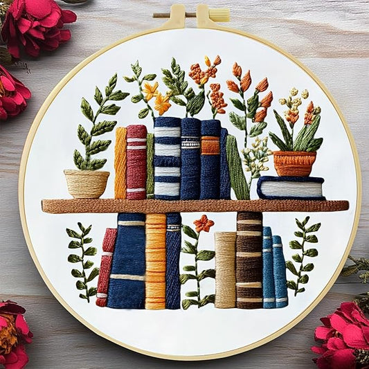 JOZYSH Beginners Stamped Books and Flowers Pattern Embroidery Kit Cross Stitch Kit Embroidery Starter Kit with Instructions, Embroidery Hoops for Home Ofiice Decor