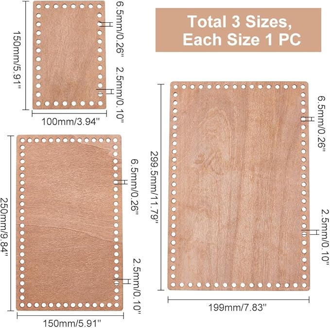 PH PandaHall 3 Sizes Wooden Basket Bases, Rectangular Blank Crochet Bag Bottom Crochet Bottom Accessory for DIY Basket Craft Weaving for Knitters Crocheters Beginners, Length 5.9/9.8/11.8 inch