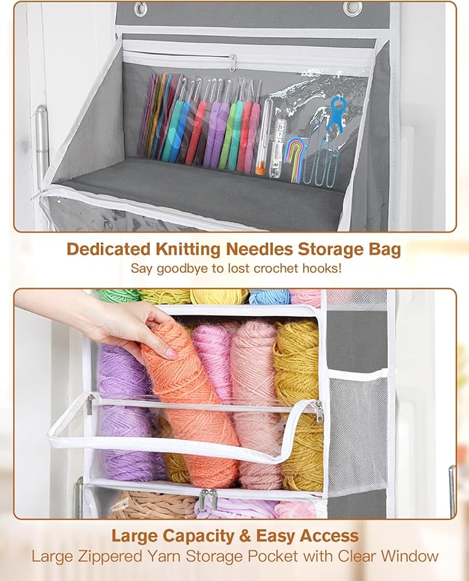 Hanging Yarn Storage Organizer, Large Capacity Over the Door Yarn Organizer with 6 Clear Zipper Pockets 10 Mesh Side Bags, Hanging Yarn Holder Knitting Storage Bag for Crochet Hooks, Grey
