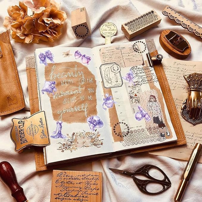 50Pcs Waterproof Vintage Stickers,Scrapbooking Supplies Kit,Aesthetic Decorative Craft Sticker for Planner, Bullet Journaling, Junk Journal, Water Bottles, Laptop, Retro Craft.Purple Flower