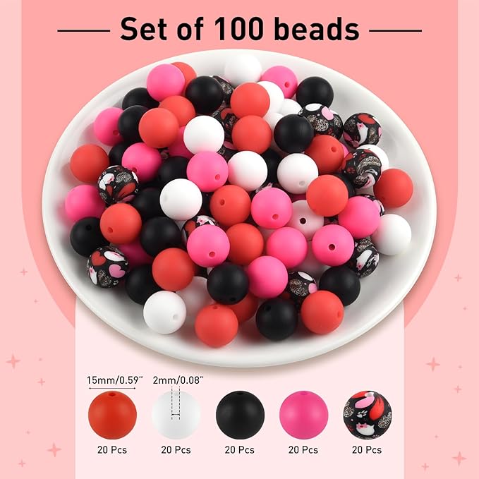 ASTARON 100 Pcs 15mm Silicone Beads for Keychain Making, Red Pink Black White Silicone Beads Bulk Round Beads for Bracelets Pens Crafts Supplies