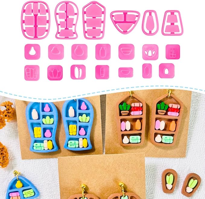 Xaekicr 20pcs Polymer Clay Cutters Display Shelf Set – Miniature Clay Cutters for Polymer Clay Jewelry, Bookshelf Earring Molds with Bottles, Pots and Bowls, Clay Tools for DIY Accessories