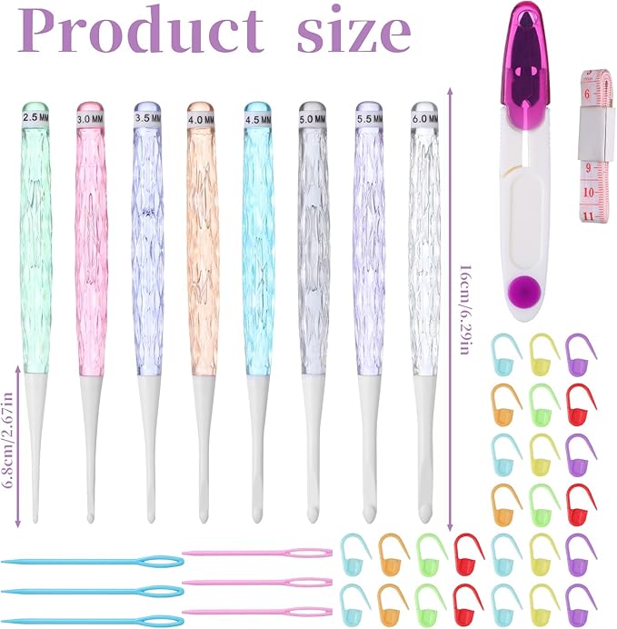 8 Sizes Crochet Hook Set Plastic 2.5mm-6mm Non-Slip Crochet Needle Set Crocheting Needles for Crocheting Blankets Hats Scarves Dolls Shawls