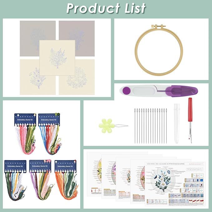 ERKOON 5 Sets Embroidery Kit for Beginners, Butterfly Cross Stitch Set for Include Embroidery Cloth Hoops Threads for Craft Lover Hand Stitch (Bouquet)