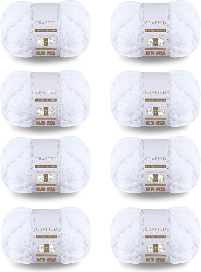 Crafted by Catherine Chunky Chenille Yarn - 8 Pack (8 oz / 227 g, 31.7 Yards Each Skein), White, Gauge 7 Jumbo