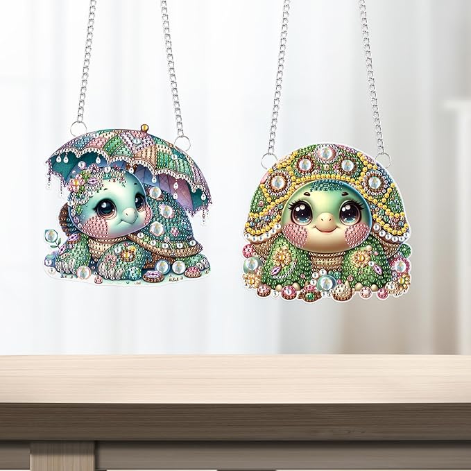 2 Pcs Cute Sea Turtle Diamond Painting Hanging Ornaments – 5D DIY Acrylic Pendant Kit with Irregular Shaped Gems, Mosaic Craft for Window & Wall Decor, Ocean-Themed Handmade Gift