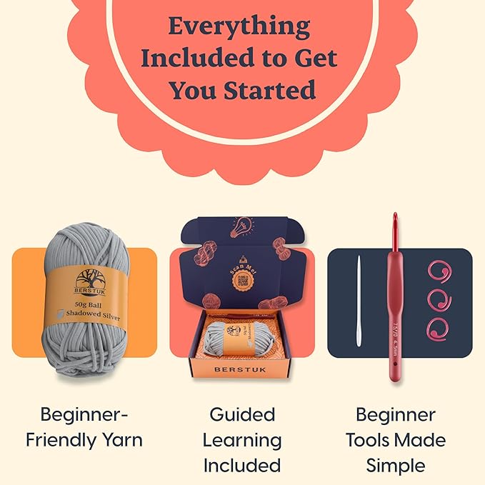 Berstuk Level 1 Absolute Beginner Crochet Kit for Adults - Crochet Starter Kit Beginner for Adults - Learn to Crochet with Expert Video Tutorials - Perfect DIY Gift