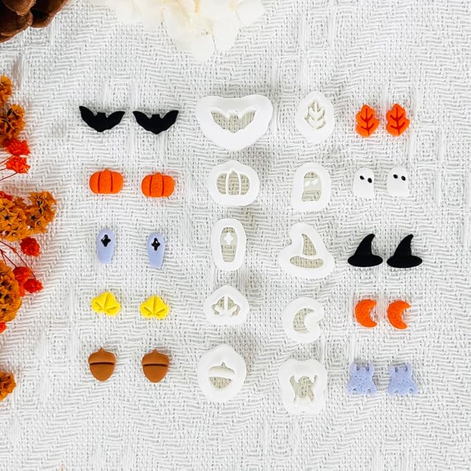Xaekicr Halloween Polymer Clay Cutters Set - 10Pcs Clay Cutters for Polymer Clay Jewelry, Small Size Clay Tools for Earrings DIY, Fall Pumpkin Bat Witch Hat Molds