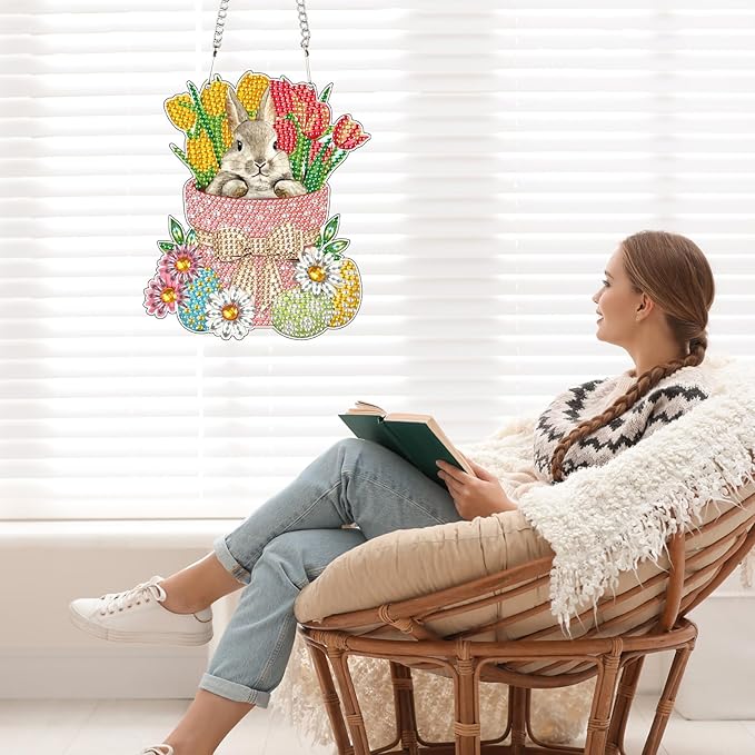 5D Rabbit Diamond Art Suncatcher Hanging Kit, DIY Crystal Diamond Painting Pendant Wall Window Door Decor, Handmade Animal Rhinestone Art Ornament Craft for Home, Garden, Easter or Birthday Gifts