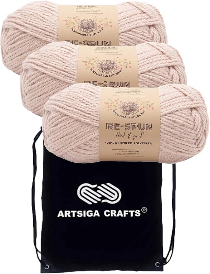 Lion Brand Re Spun Thick & Quick Sepia Rose 843-101 (3-Skeins - Same Dye Lot) Weight S Bulky #6 Polyester Yarn for Crocheting and Knitting with Project Bag