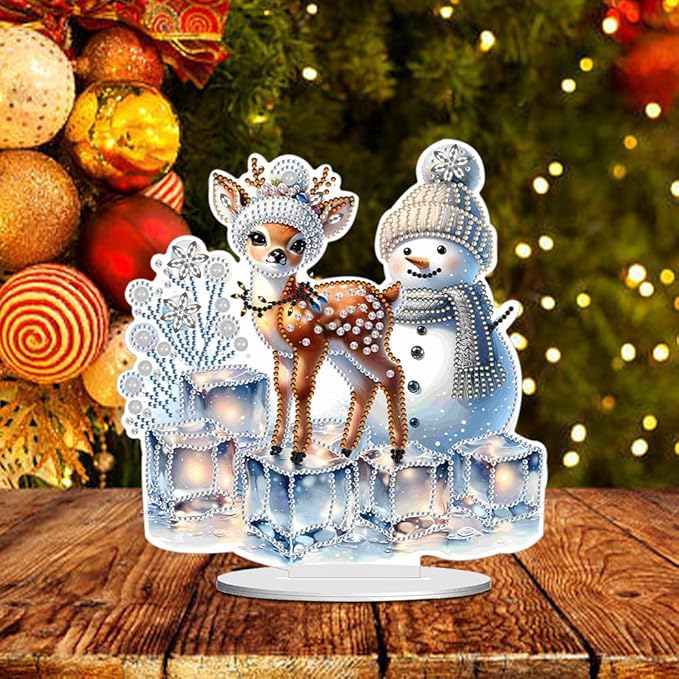 LAKEQUILL Christmas Desktop Diamond Art Kit for Adults Christmas,DIY Stand Up Double Sided Special Shaped Diamond Art Desktop Ornaments for Home Office （Adorable Snowman Fawn）