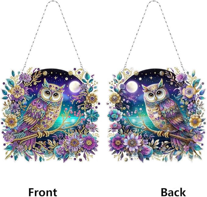 POETRYDRAW DIY Hanging Diamond Art Pendant Kit Owl, Special Crystal Diamonds Painting Ornament for Adults, 5D Diamond Art Suncatchers Double Sided Board Gem Painting Box Kit