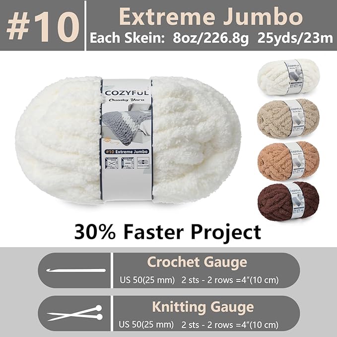 Chunky Yarn for Hand Knitting - #10 Chunky Chenille Yarn, Jumbo Big Thick Chunky Yarns for Crocheting, Super Bulky Chunky Knit Blanket Yarns, 8 Skein (25yd, 8oz/Skein), Cream & Multi Coffee