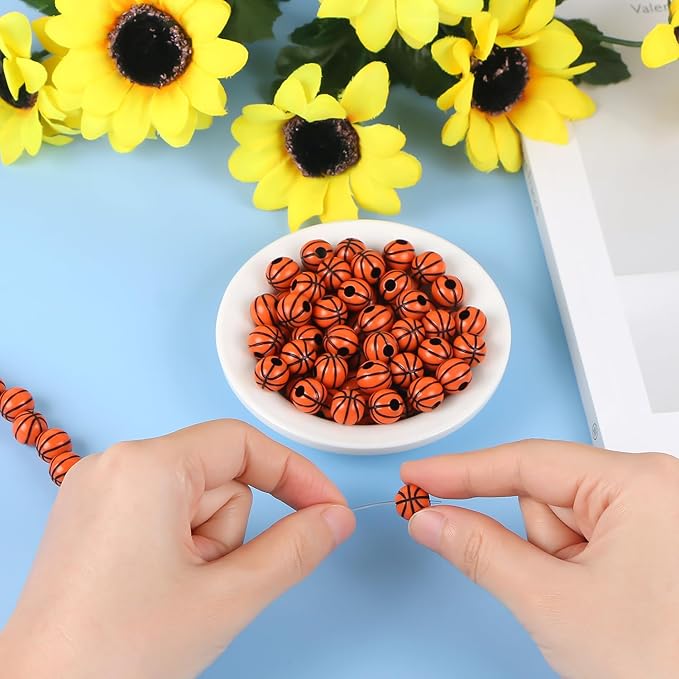 100pcs Basketball Beads with 5.5 Yard Elastic Rope,Acrylic Sports Beads DIY Spacer Bead for Necklace Bracelet Keychains Handmade Jewelry Making Accessories Craft Supplies,12mm(Basketball)