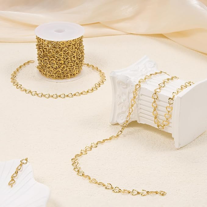 YOUBEIYEE 5 Meters Gold Plated Hollow Heart Chain for Jewelry Making Stainless Steel Link Chains Bulk on Spool
