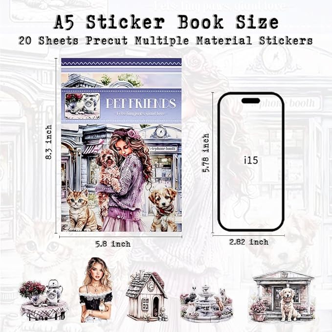 Pet Friends Journal Sticker Book for Adults Journaling, Scrapbook PET Washi Stickers for Scrapbooking, Junk Journal Supplies, Collage, Bujo, A5, 20 Sheets
