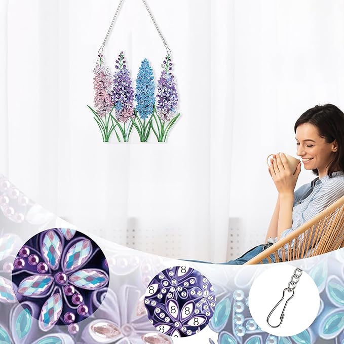AiYuanzsh Diamond Painting Suncatcher Hanging Kit, Special Shaped Lavender Flowers DIY Diamond Art Pendant for Adults, Window & Wall Decor, 5D Crystal Diamond Art Kit