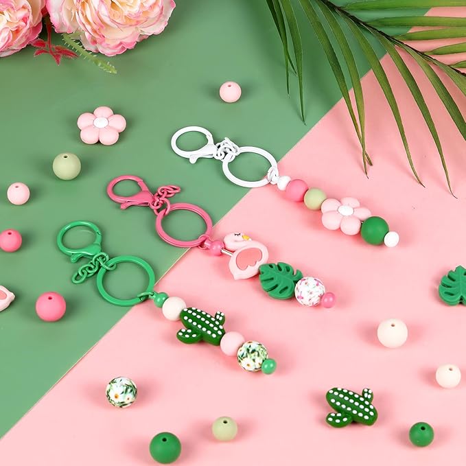 120pcs Silicone Beads for Keychain Making,Focal Beads and 15mm 12mm Silicone Beads for Pens Bracelet Making DIY kit (Flamingo)