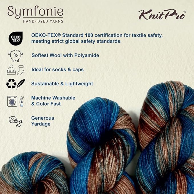 KnitPro Symfonie Fingering Weight Hand Dyed Variegated Yarn Skein | Extra Fine Merino Wool & Polyamide Blend for Knitting & Crocheting, Oeko-TEX Certified 400m, 100g | Terra Cabin in the Woods
