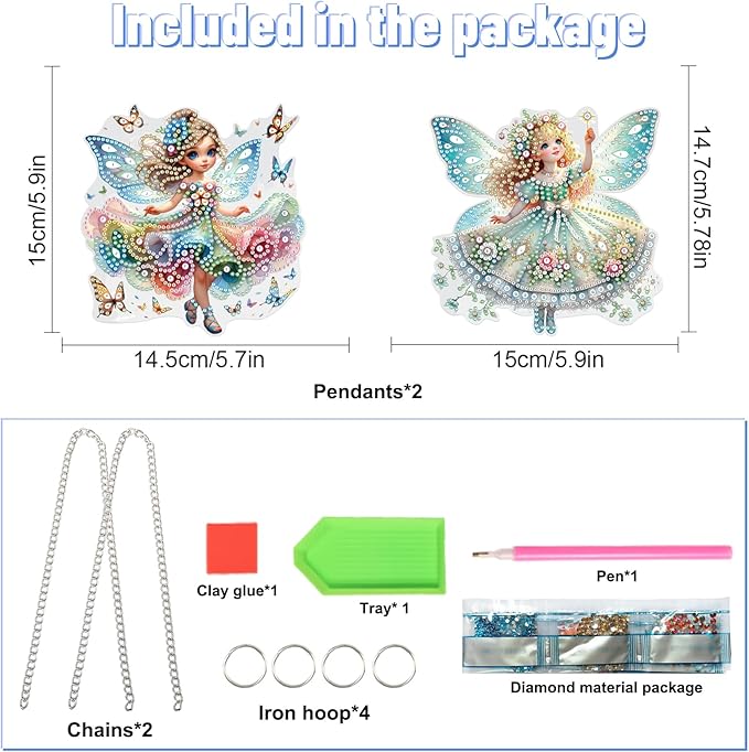 2 Pcs Diamond Painting Fairy Ornaments – DIY Acrylic Hanging Decorations with Chains, Cute Butterfly Flower Elf Girl Design for Home Decor, Gifts, and Crafts