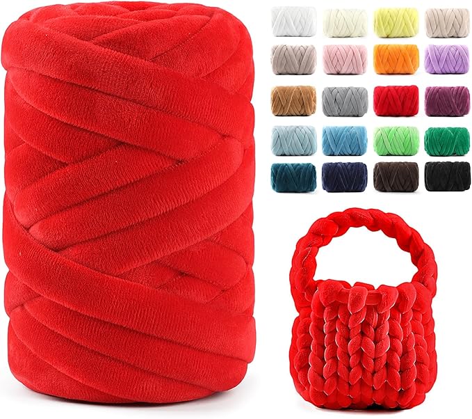 Chunky Yarn for Hand Knitting & Arm Knitting - 0.66lb Super Bulky Velvet Chenille Tube Yarn for DIY Pillows, Pet Beds, Baskets & Home Decor | No Tools Needed, Machine Washable, Bright Red, 1 Pack