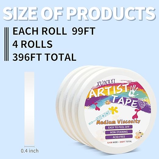 4 Packs Artist Tape Medium Tack White Art Tape for Watercolor Paper Drafting Art Painting Canvas Framing Acid Free Masking Tape- 0.4IN Wide 396FT Long Total