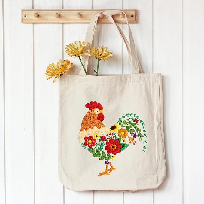 louise maelys embroidery kit canvas tote bag for beginners,cross stitch kits for adults,diy needlepoint include rooster and flower pattern,women shopping reusable grocery bags
