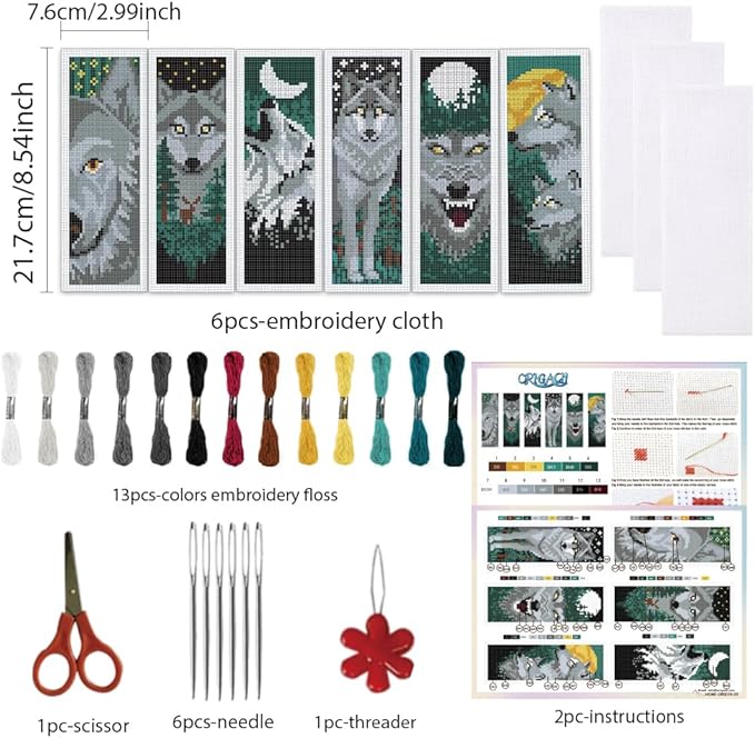 ORIGACH 6 Set Wolf & Forest Cross Stitch Bookmark Kit for Beginner with Backing Felt Floss Instructions DIY Stamped Embroidery Bookmark Kit for Adults, Book Lovers