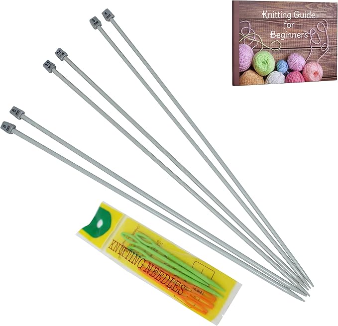 KnitPal 16-Inch (40cm) Aluminum Knitting Needles Set for Blankets - Straight Knitting Needles Set Single Pointed - 3 Pairs, US Sizes: 8/5mm, 9/5.5mm, 10/6mm - Metal Knitting Needles with eBook