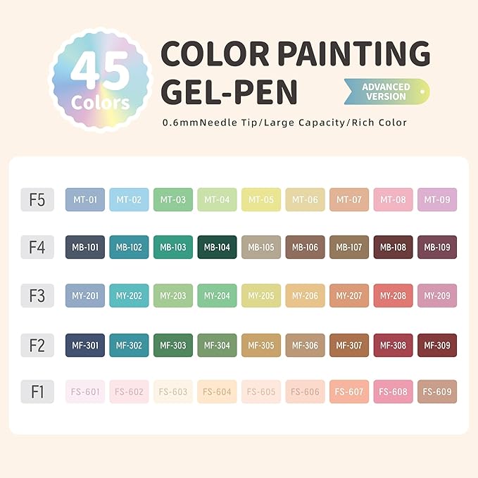 Gel Pens with Fine Point 0.6mm, 45 Colors Drawing Pencils for Adult Coloring Books Smooth Writing Pen Set for Journaling, Landscapes, Lettering