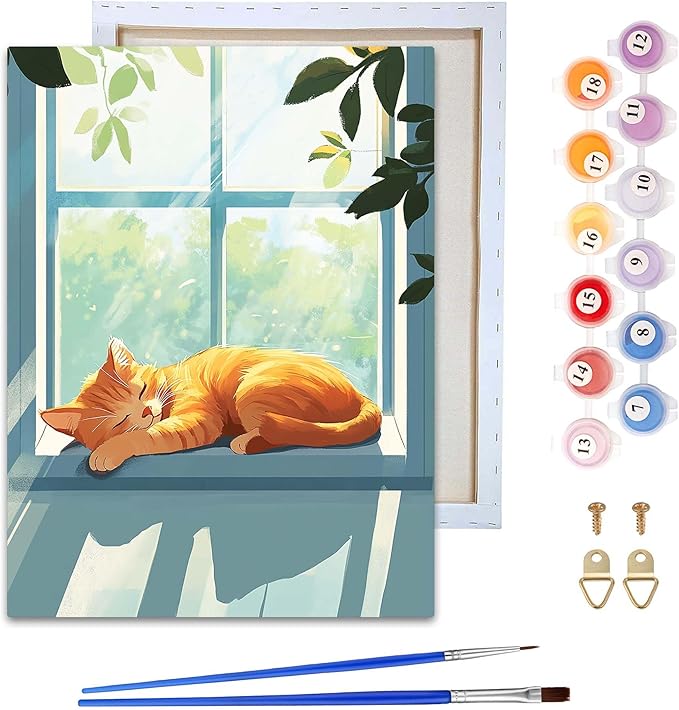 Reofrey Framed Paint by Numbers Kit for Adults & Beginner - 8x12 Inch Canvas Cat Animal Paint by Numbers - Educational & Creative Art Set for Beginners - Perfect for Home Wall Decoration C2044